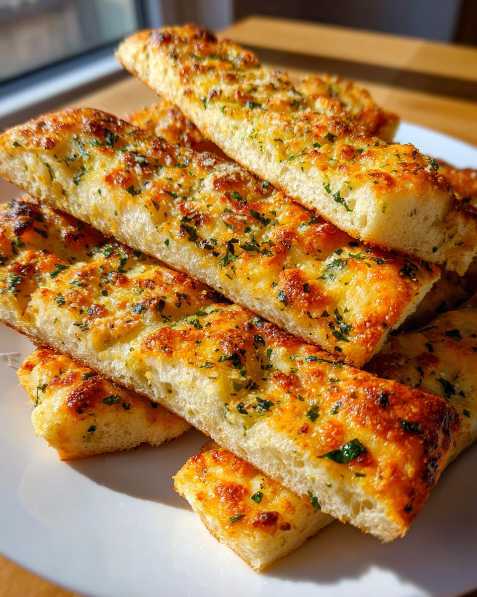 A stack of golden, soft garlic breadsticks topped with melted cheese and fresh parsley, ready to eat.