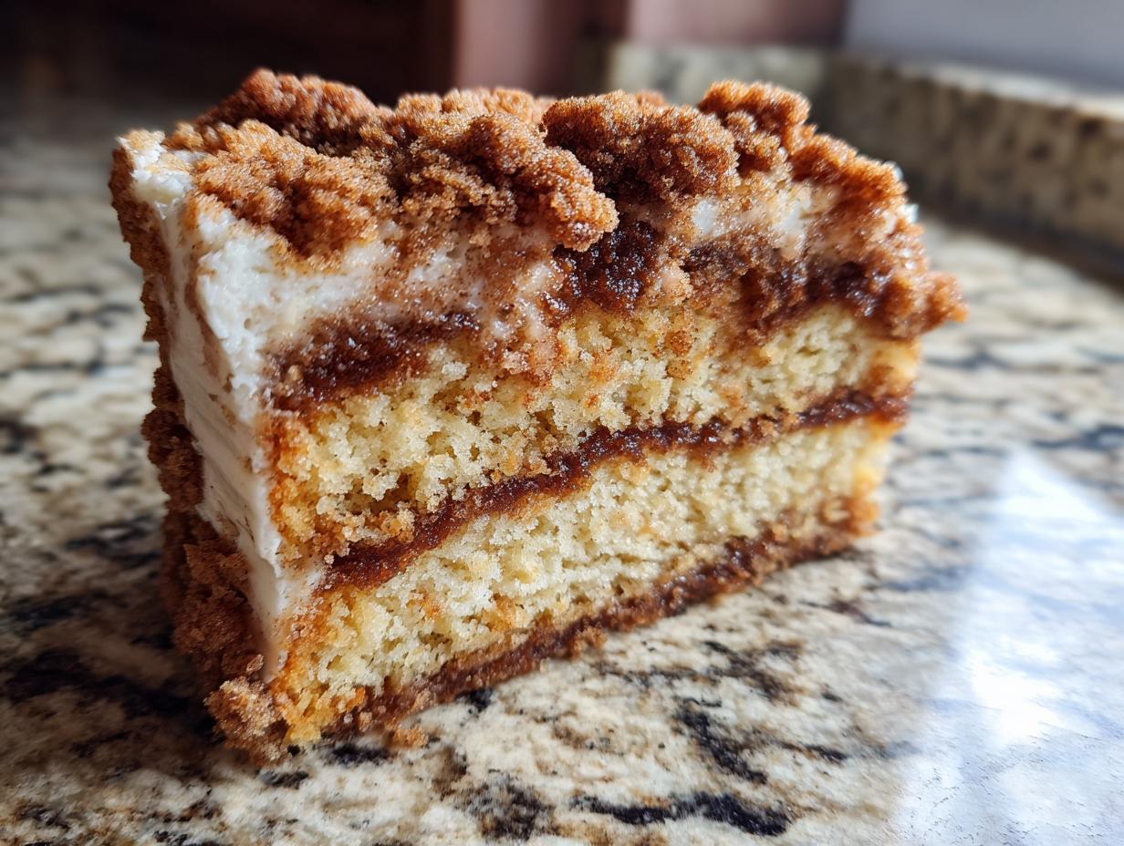 Close-up of a moist slice of sour cream coffee cake showing layers of cake, cinnamon filling, and thick streusel topping.