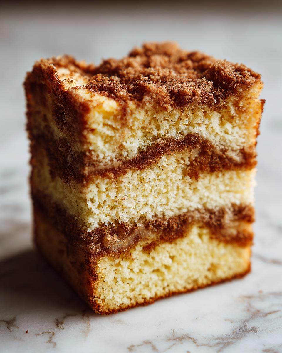 Close-up of a moist slice of sour cream coffee cake showing layers of cake and cinnamon swirl, topped with brown streusel.