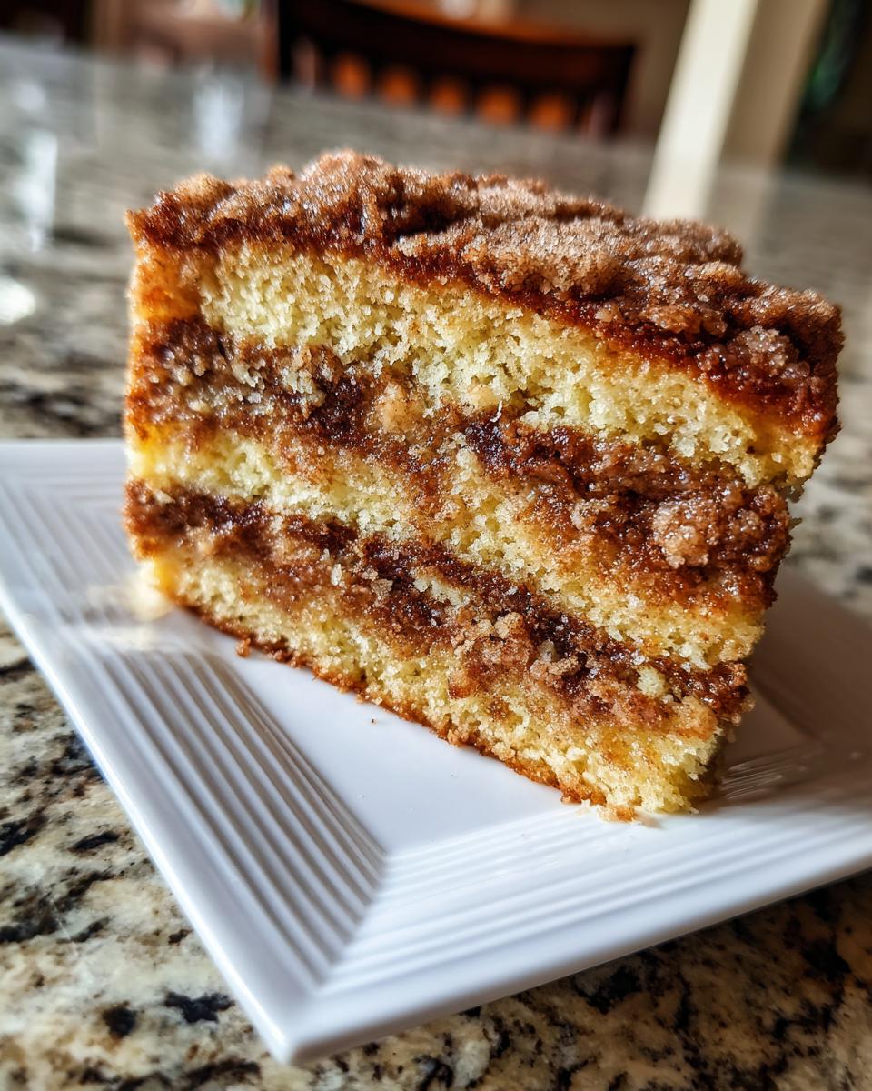 A close-up slice of moist sour cream coffee cake featuring two layers of cinnamon streusel filling.