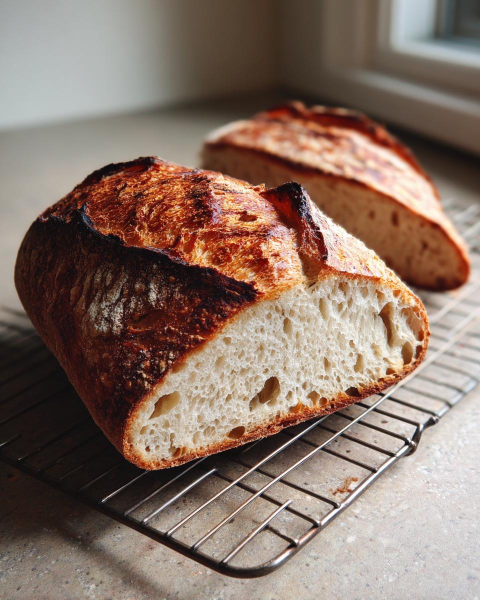 A loaf of homemade sourdough bread, sliced open to show the airy crumb structure, cooling on a wire rack.