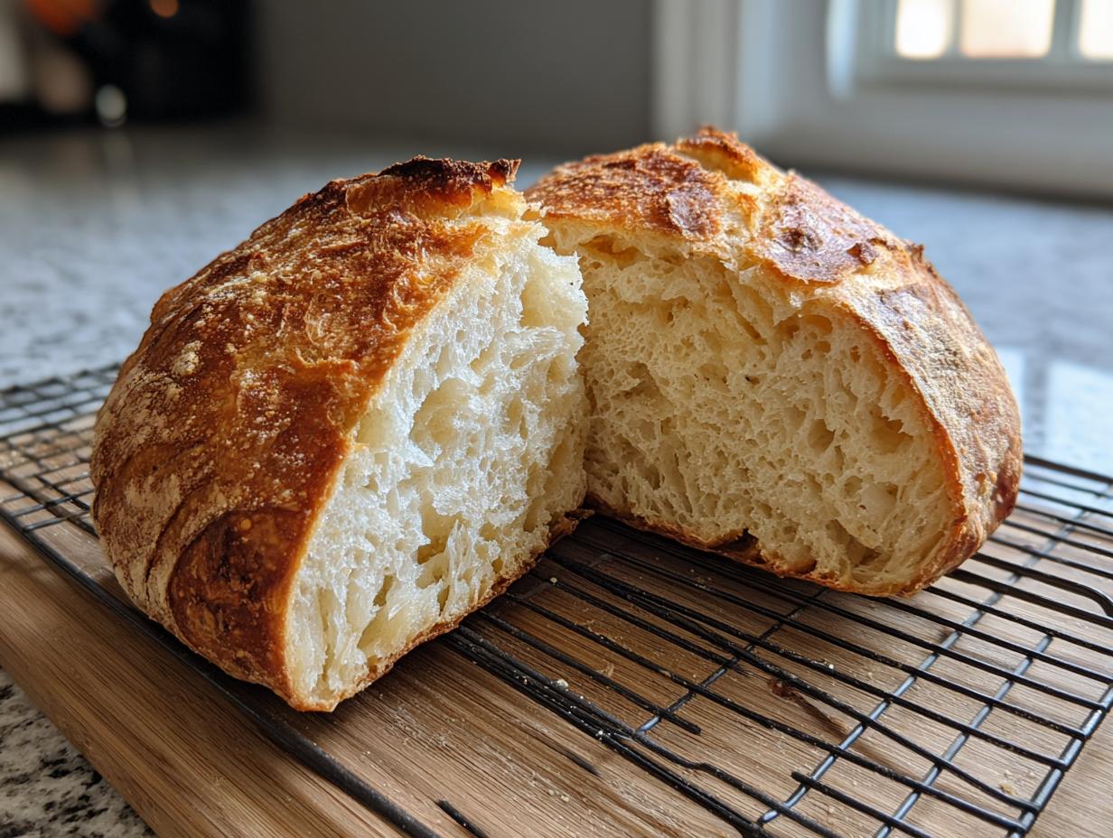A freshly baked loaf of sourdough bread, cut in half to show the open, airy crumb structure.
