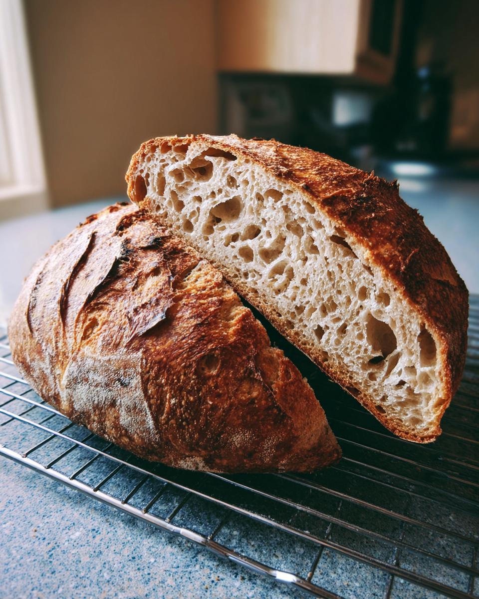A beautiful, freshly baked sourdough bread loaf cut in half showing an open, airy crumb structure.