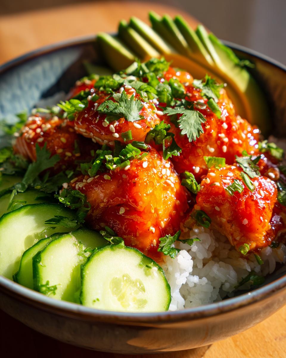 Close-up of a vibrant salmon bowls featuring glazed salmon pieces over rice with cucumber, avocado, and cilantro.