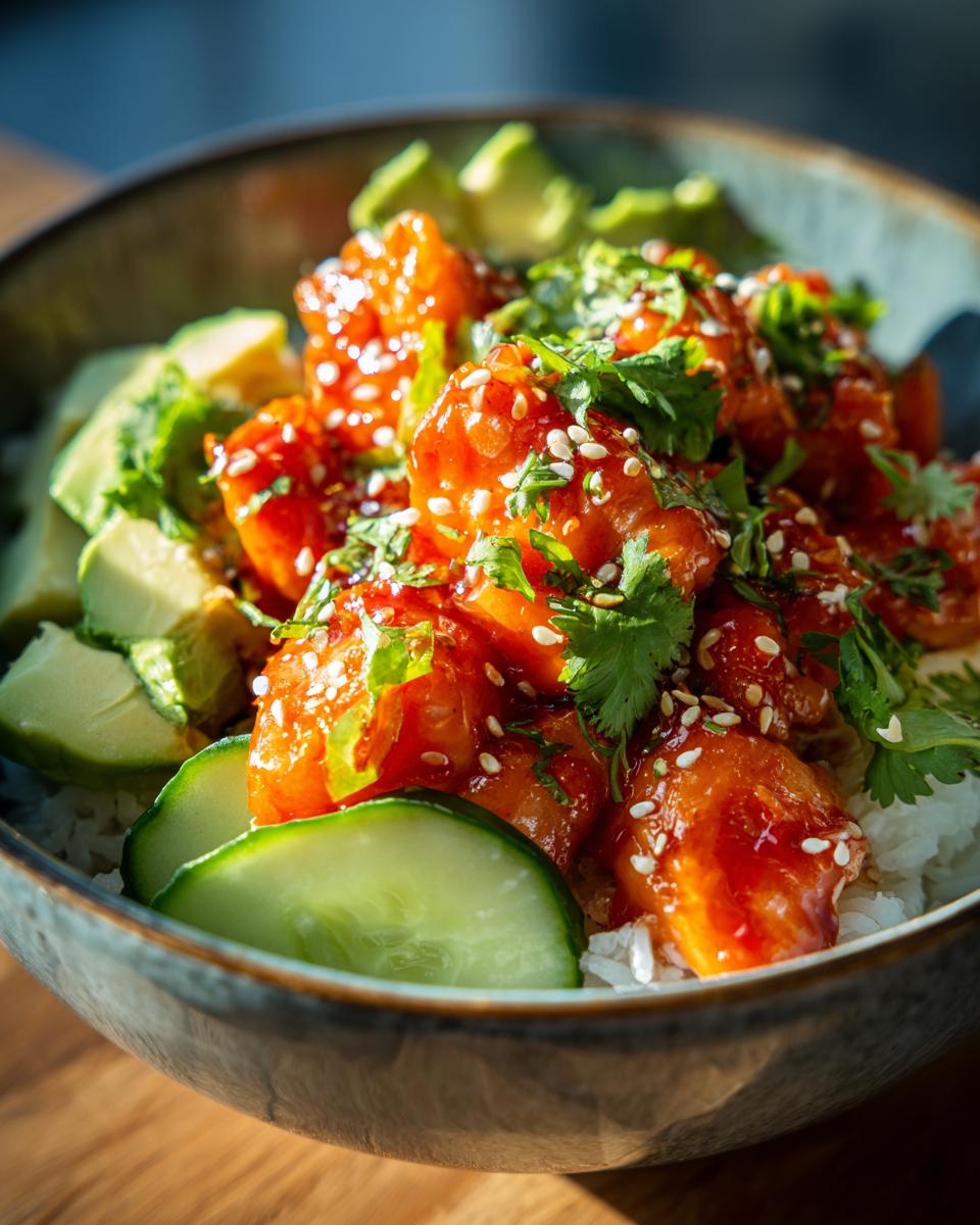 Close-up of a delicious salmon bowls featuring glazed salmon chunks, sliced avocado, cucumber, and sesame seeds.