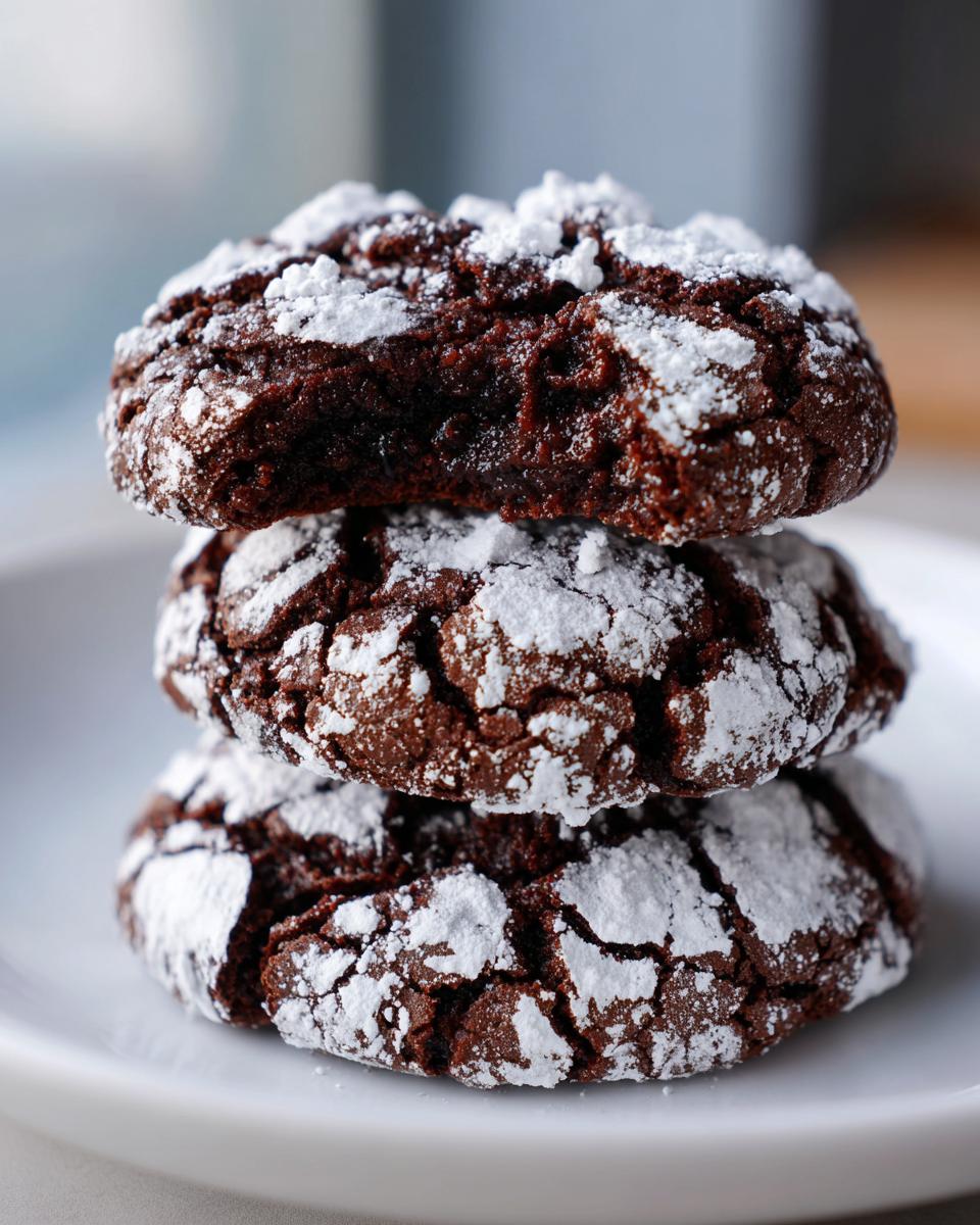 A stack of three decadent chocolate crinkle cookies generously dusted with powdered sugar.