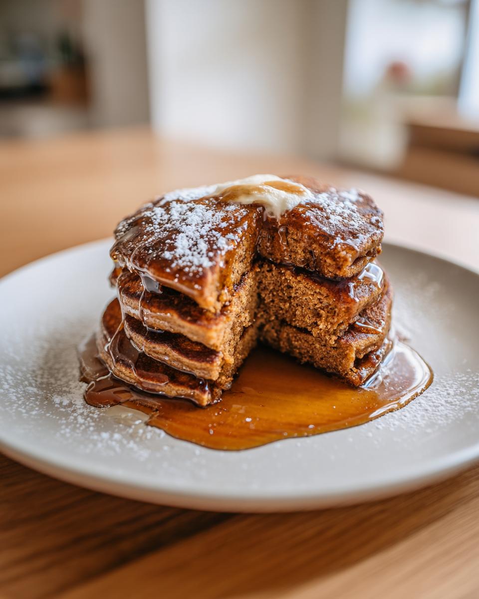 A close-up of a tall stack of moist Gingerbread pancakes drizzled with syrup, topped with butter and powdered sugar.