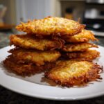 A tall stack of freshly fried, golden brown potato latkes piled high on a white plate.