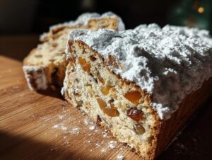 A close-up shot of a freshly sliced Stollen loaded with dried fruit and nuts, heavily dusted with white powdered sugar.