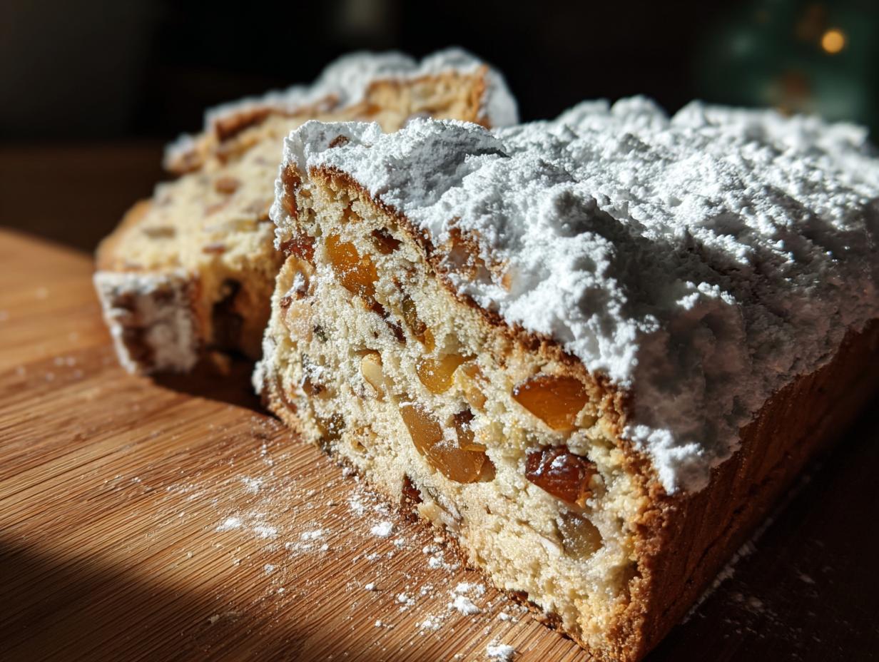 A close-up shot of a freshly sliced Stollen loaded with dried fruit and nuts, heavily dusted with white powdered sugar.