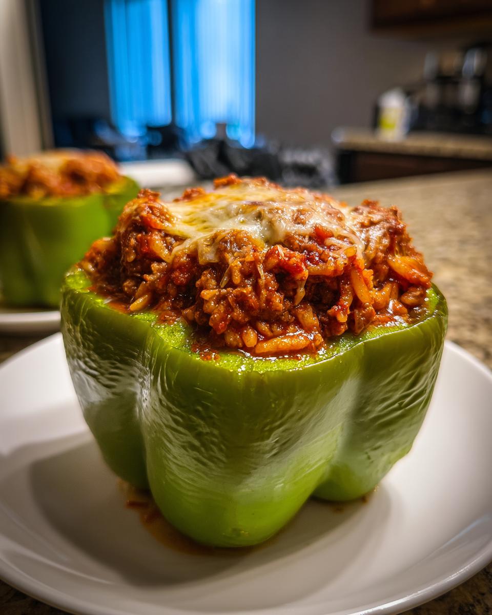 Close-up of a vibrant green stuffed bell peppers filled with a savory meat and rice mixture, topped with melted cheese.