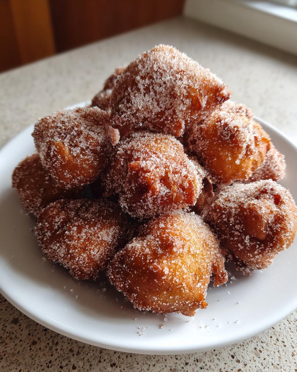 A close-up of a white plate piled high with freshly fried, golden brown Buñuelos generously coated in granulated sugar.