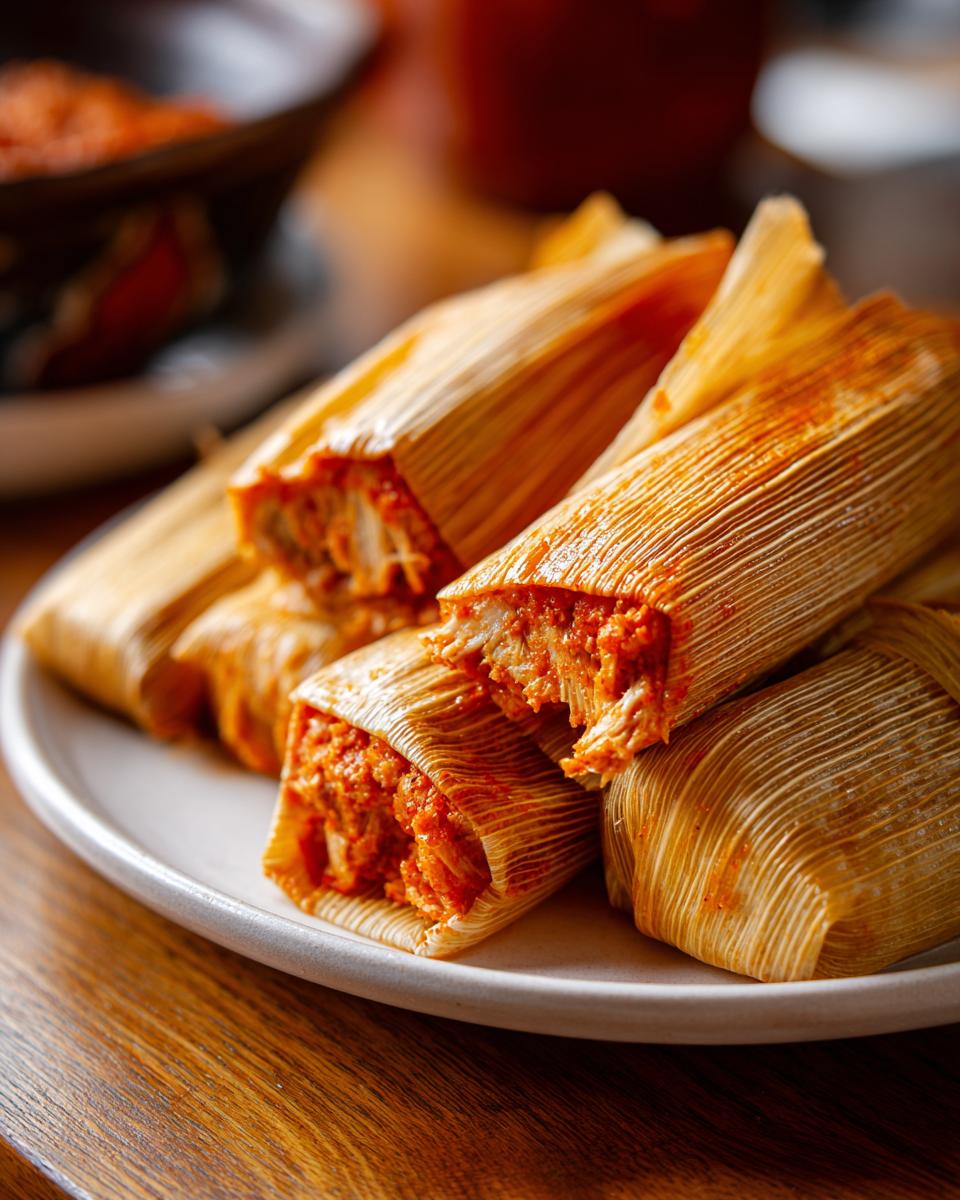 A plate filled with freshly made tamales, wrapped in corn husks, with a savory filling visible.