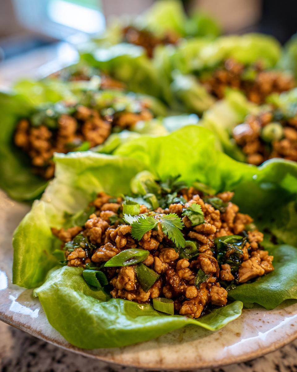 A close-up of one serving of savory thai chicken lettuce wraps topped with fresh cilantro and green onions.