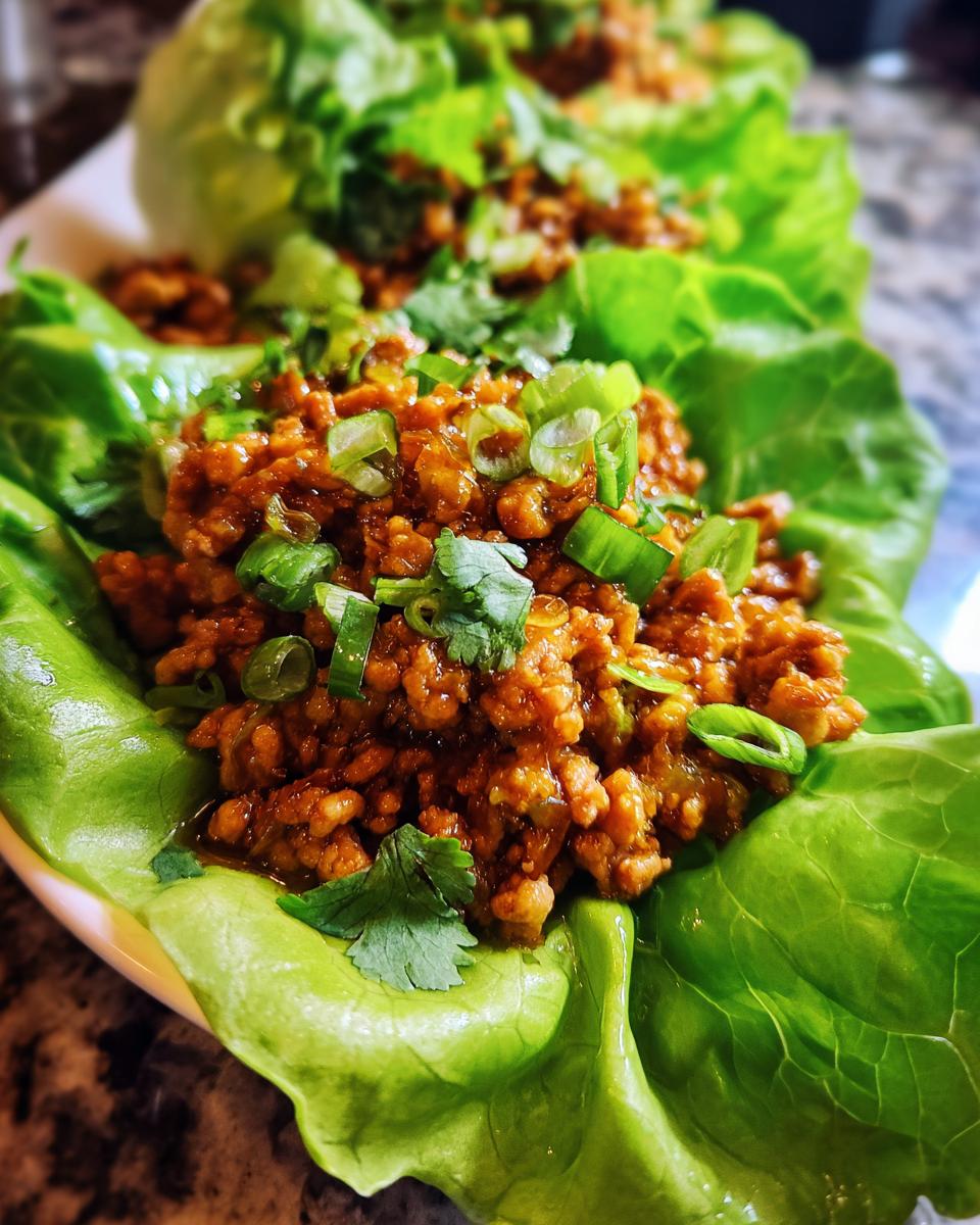 Close-up of a vibrant thai chicken lettuce wraps cup filled with savory ground chicken mixture and topped with green onions.