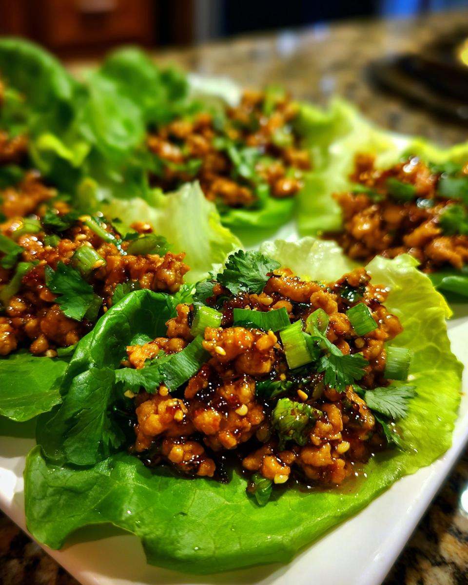 Close-up of glistening, savory filling for thai chicken lettuce wraps served in crisp butter lettuce cups, topped with green onions.