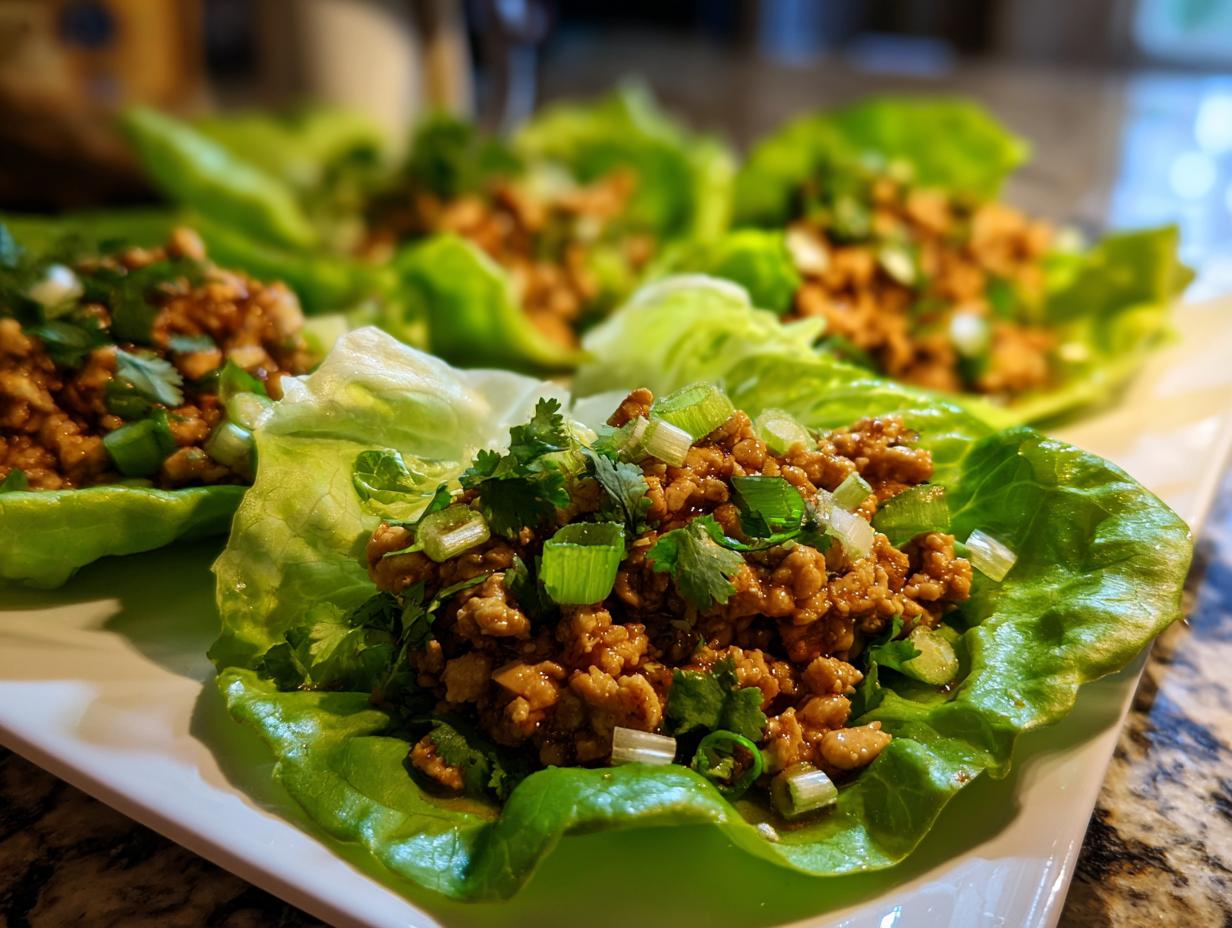 Close-up of fresh thai chicken lettuce wraps filled with savory ground chicken and topped with green onions and cilantro.