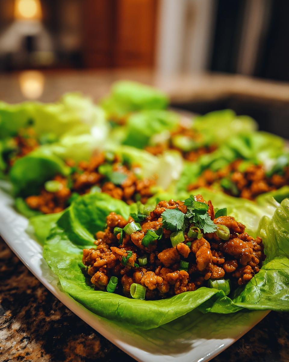 Close-up of several thai chicken lettuce wraps served on a white platter, topped with green onions and cilantro.