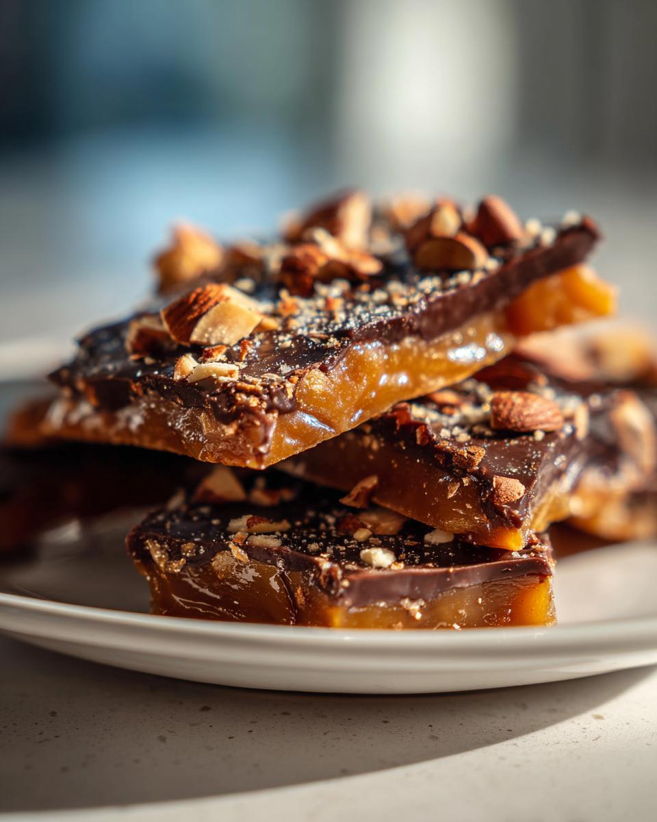 Close-up of stacked toffee pieces topped with melted chocolate and chopped almonds.