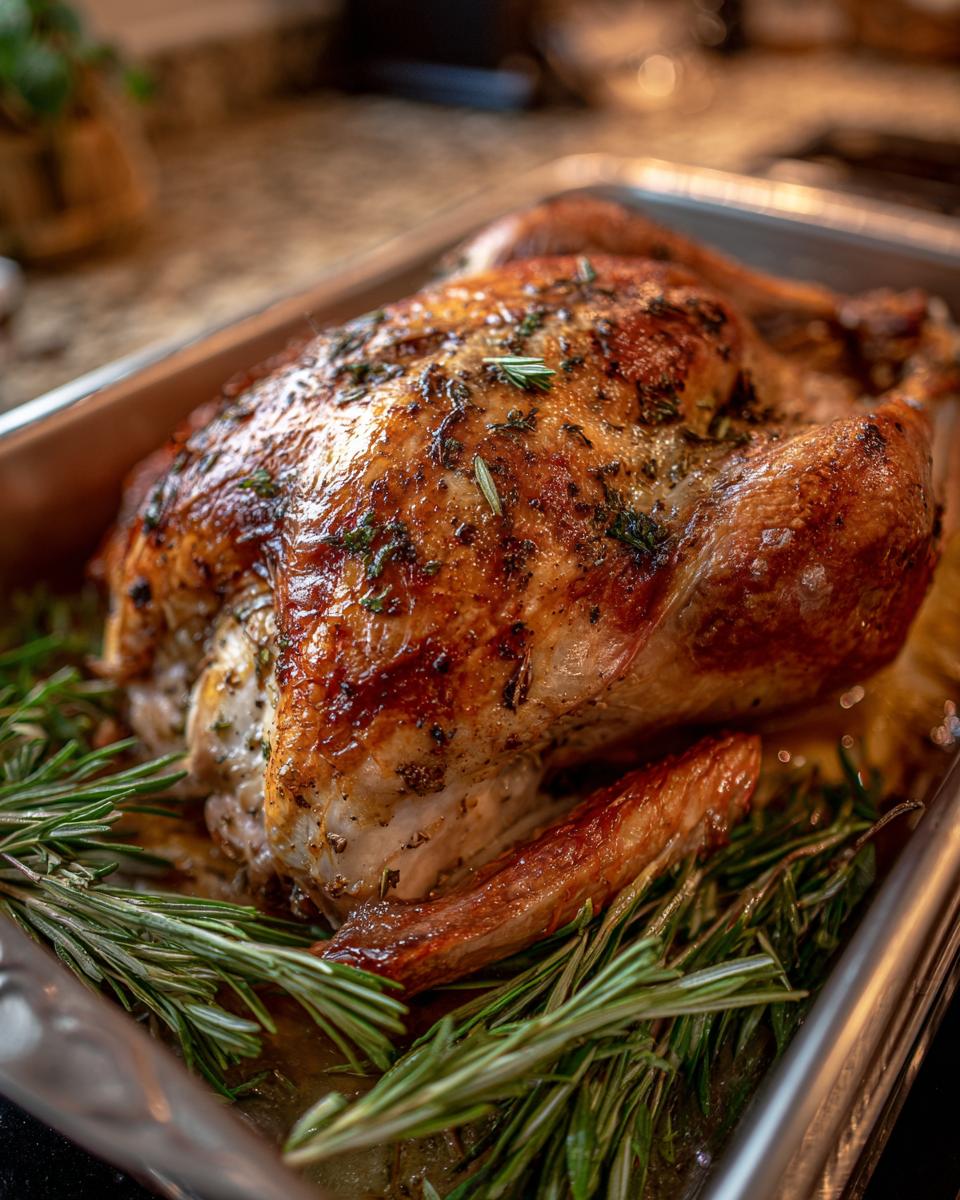 A golden-brown roasted turkey, seasoned with herbs, resting in a roasting pan with fresh rosemary.