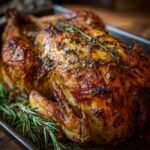 A perfectly roasted turkey, glistening and golden brown, seasoned with herbs, a result of the amazing turkey brine.