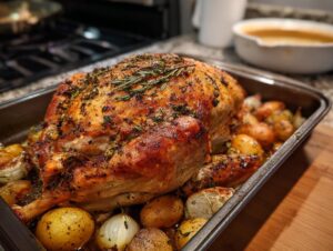 A perfectly roasted turkey, prepared with turkey brine, resting in a roasting pan with potatoes and onions, garnished with rosemary.