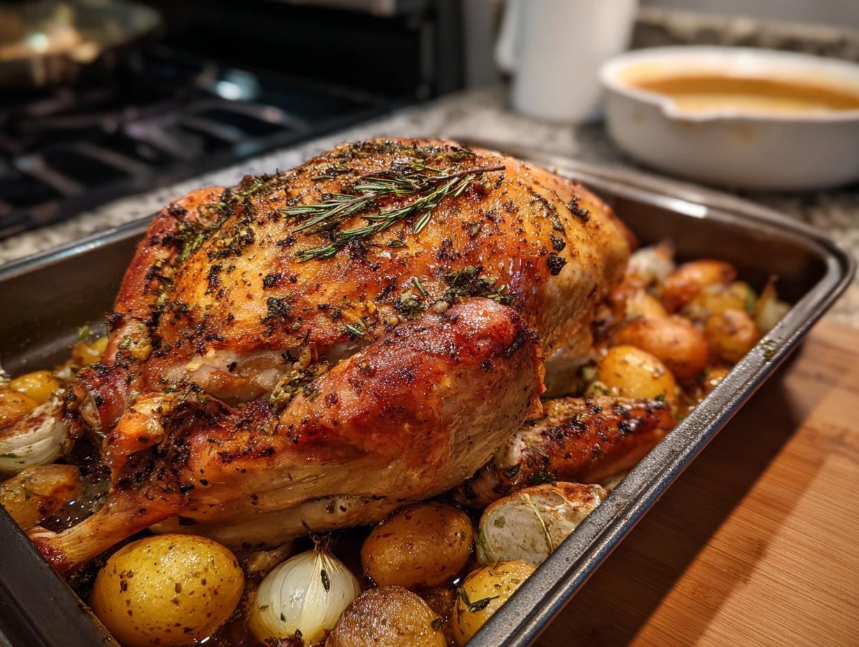 A perfectly roasted turkey, prepared with turkey brine, resting in a roasting pan with potatoes and onions, garnished with rosemary.