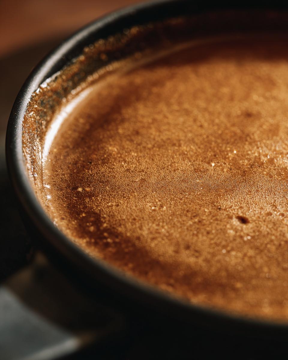 Close-up of smooth, rich turkey gravy with a foamy surface in a dark bowl.