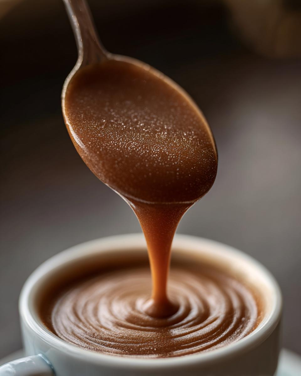 A spoonful of rich, smooth turkey gravy is poured into a white cup, creating ripples.