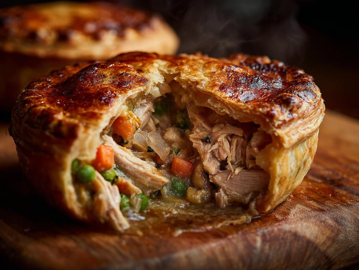 A steaming hot, golden-brown Turkey Pot Pie with a flaky crust, revealing tender turkey, carrots, and peas inside.
