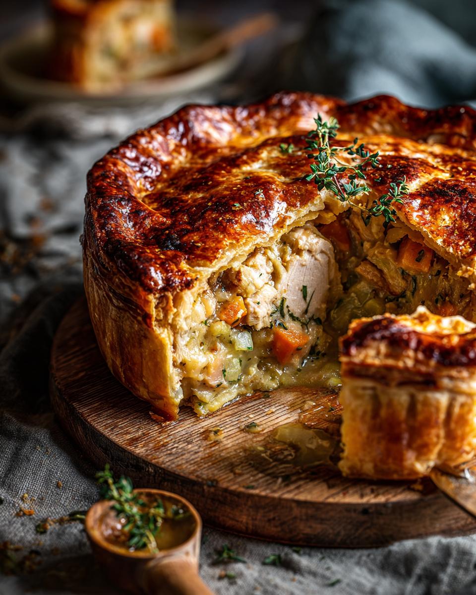 A golden-brown Turkey Pot Pie with a slice removed, revealing tender turkey and vegetables within a flaky crust.