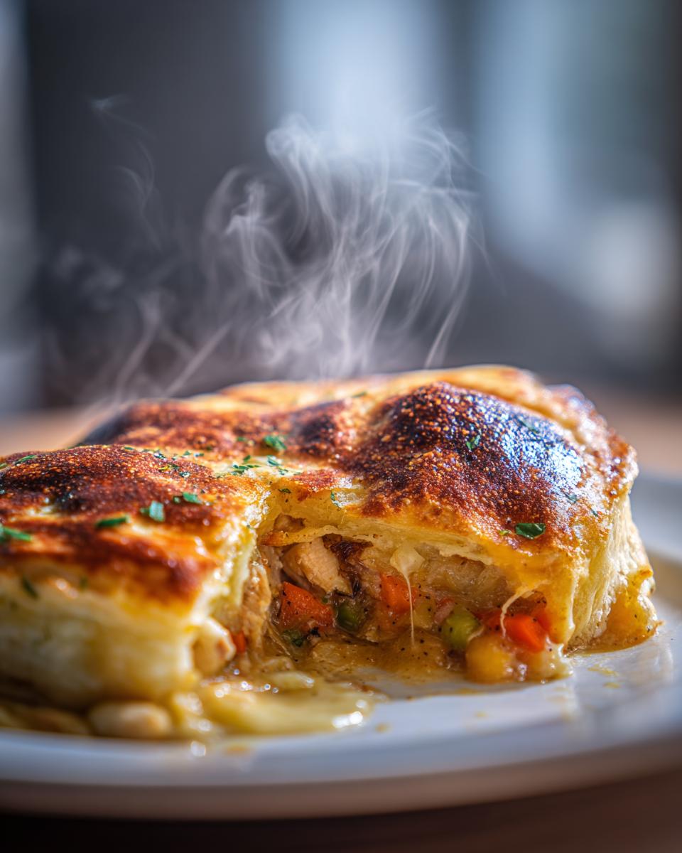 A close-up of a slice of steaming turkey pot pie, showing tender turkey, vegetables, and a flaky golden crust.