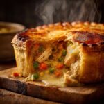 A close-up of a steaming, golden-brown turkey pot pie with a flaky crust, revealing tender turkey, peas, and carrots inside.