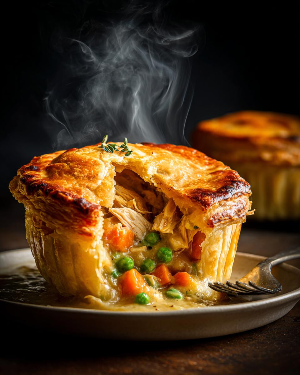 A close-up of a steaming individual turkey pot pie, with a golden flaky crust broken open to reveal shredded turkey, carrots, and peas in a creamy sauce.