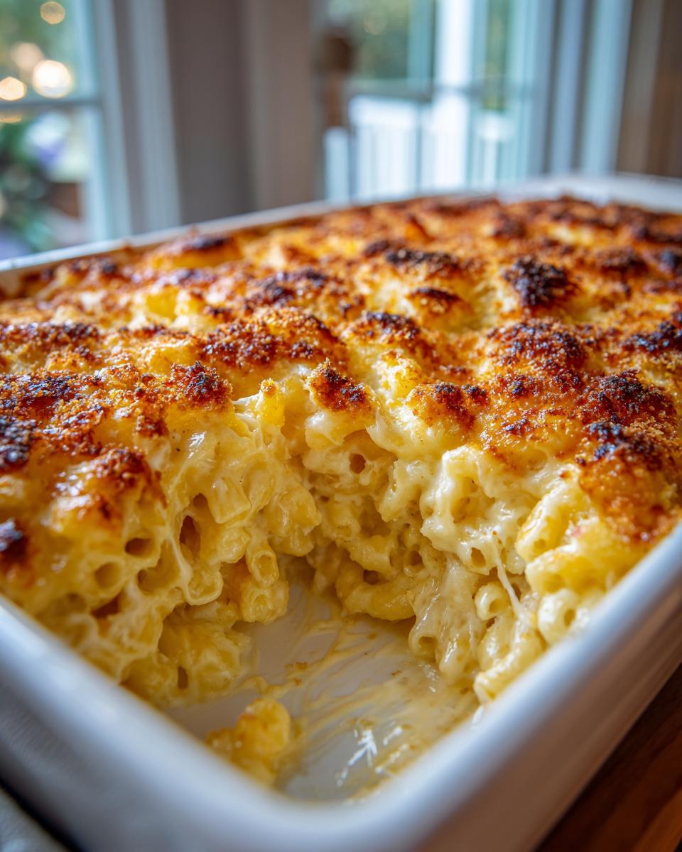 Close-up of a baking dish filled with creamy, baked Mac and Cheese, featuring a golden-brown crust.