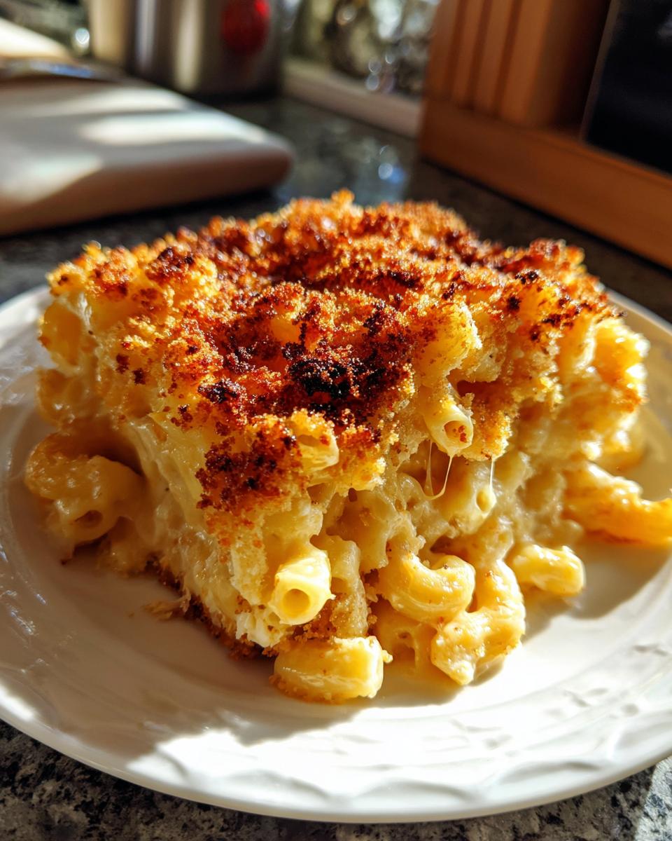 A close-up of a creamy slice of Ultimate Mac and Cheese, featuring perfectly cooked pasta and a golden-brown crispy topping.