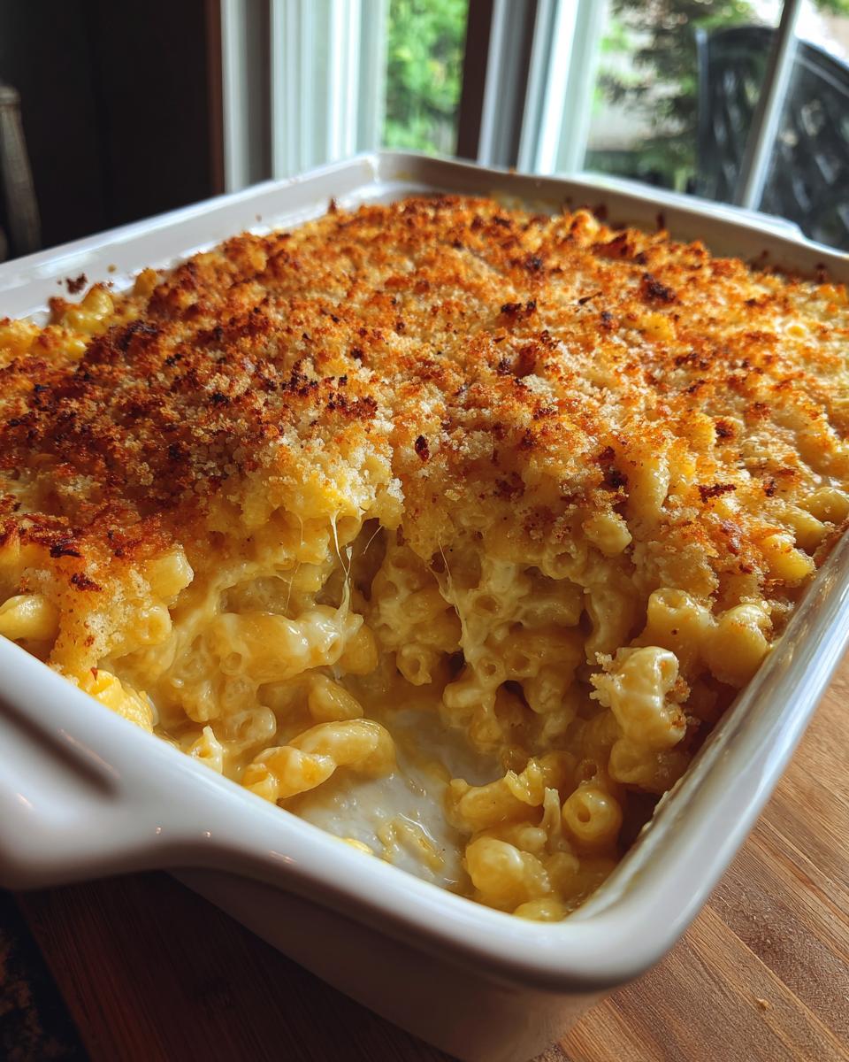 Close-up of a baking dish filled with creamy Ultimate Mac and Cheese, topped with golden-brown breadcrumbs.