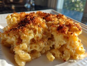 A close-up of creamy Ultimate Mac and Cheese with a golden-brown, crispy breadcrumb topping.