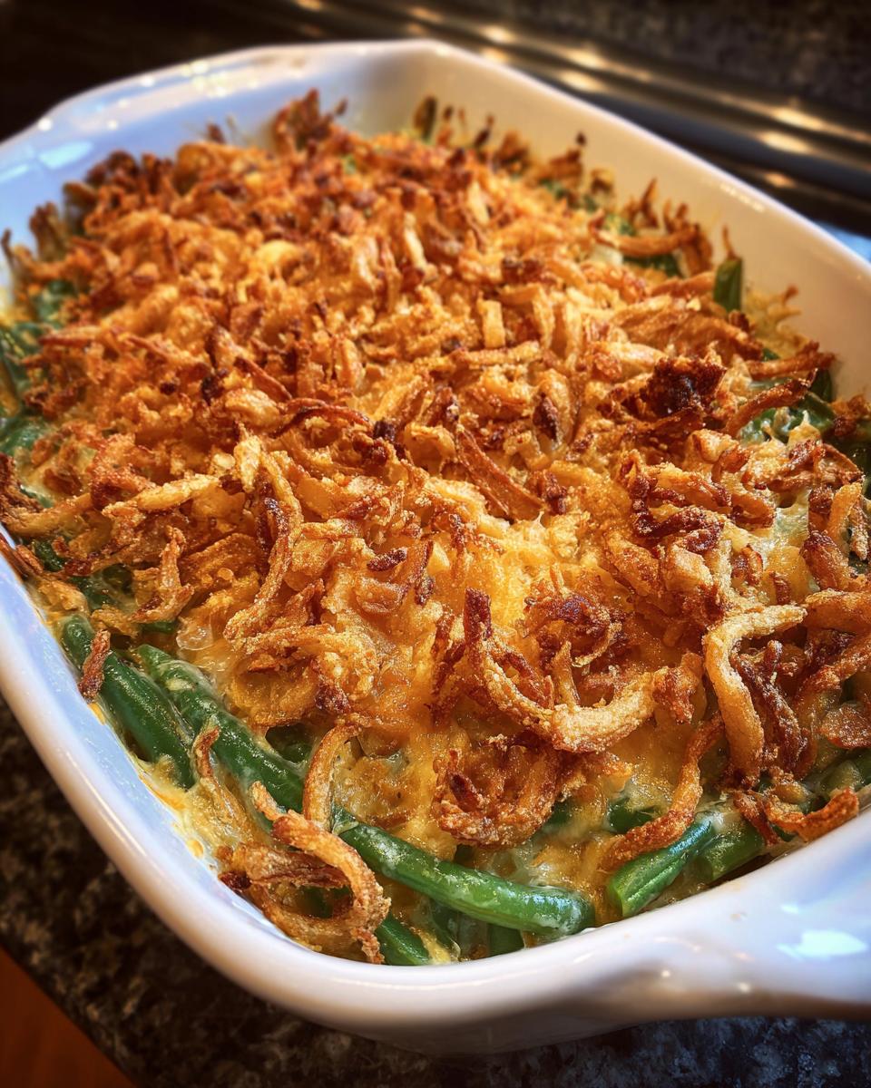 Close-up of a freshly baked Vegan Green Bean Casserole in a white baking dish, topped with crispy fried onions.