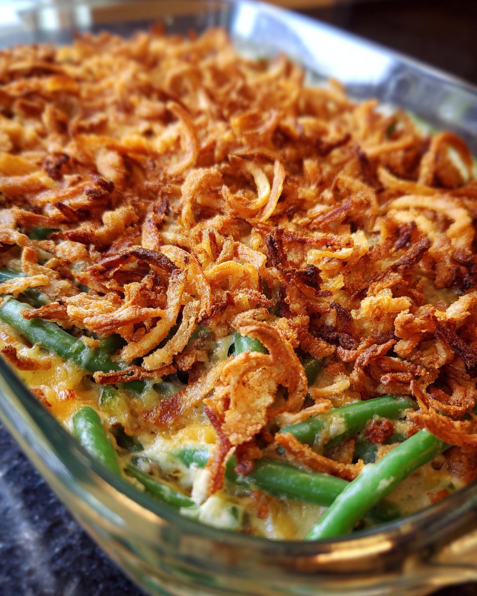 Close-up of a freshly baked Vegan Green Bean Casserole topped with golden crispy fried onions.
