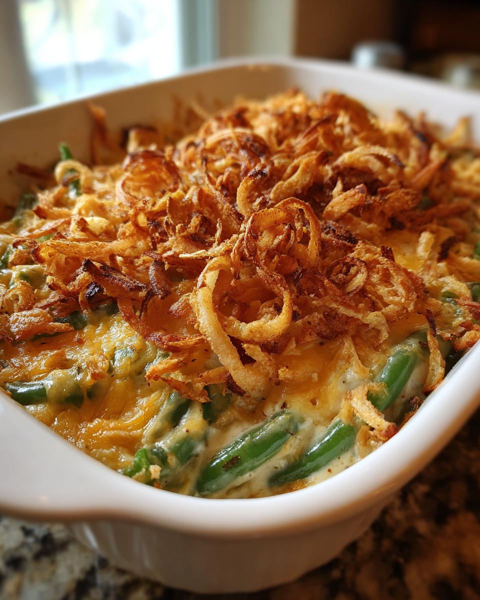 Close-up of a bubbling Vegan Green Bean Casserole topped with crispy fried onions.