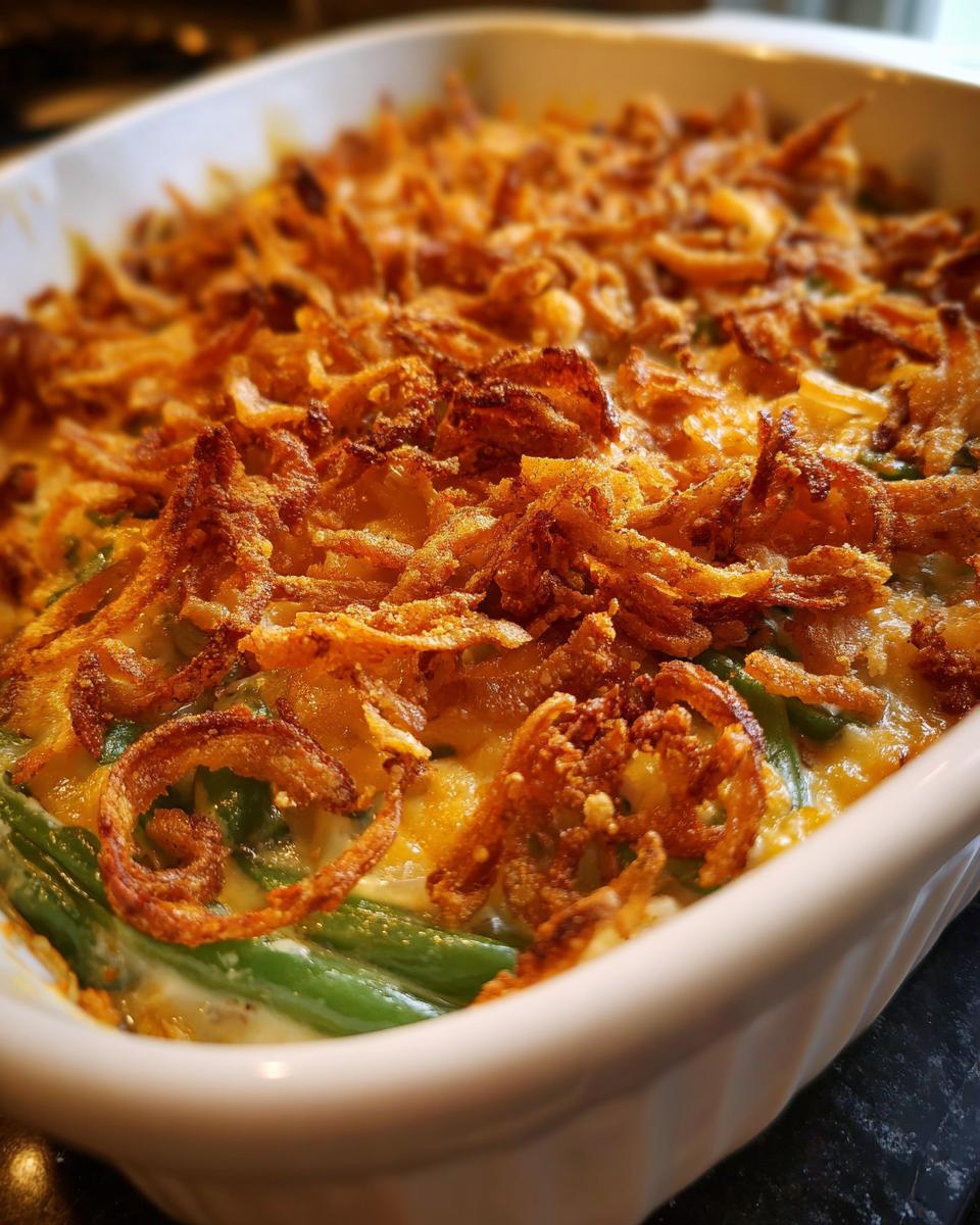 A close-up of a freshly baked Vegan Green Bean Casserole topped with golden crispy fried onions.