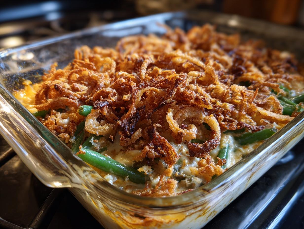 A close-up of a bubbling Vegan Green Bean Casserole in a glass baking dish, topped with golden fried onions.