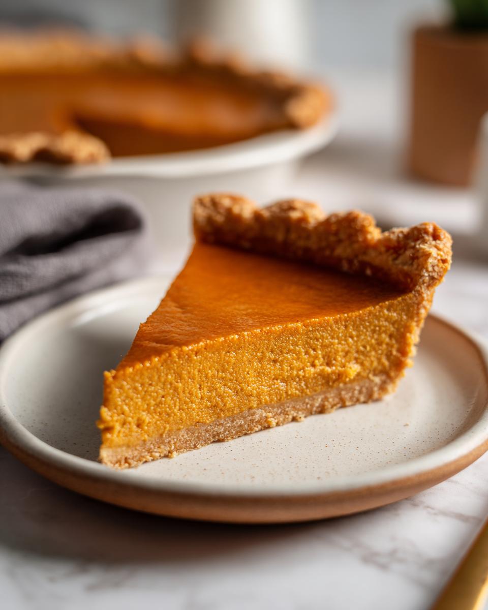 A close-up of a slice of vegan pumpkin pie on a plate, showcasing its smooth filling and flaky crust.
