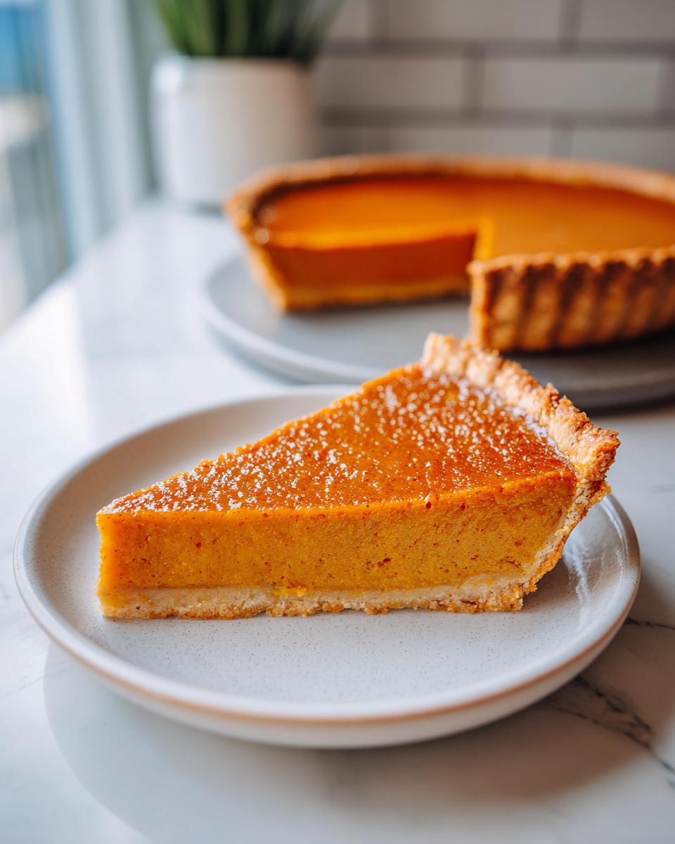 A perfect slice of vegan pumpkin pie, dusted with powdered sugar, on a plate with the rest of the pie in the background.