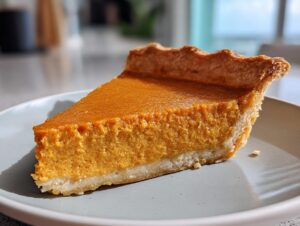 A perfect slice of vegan pumpkin pie with a golden crust and smooth filling, served on a light blue plate.