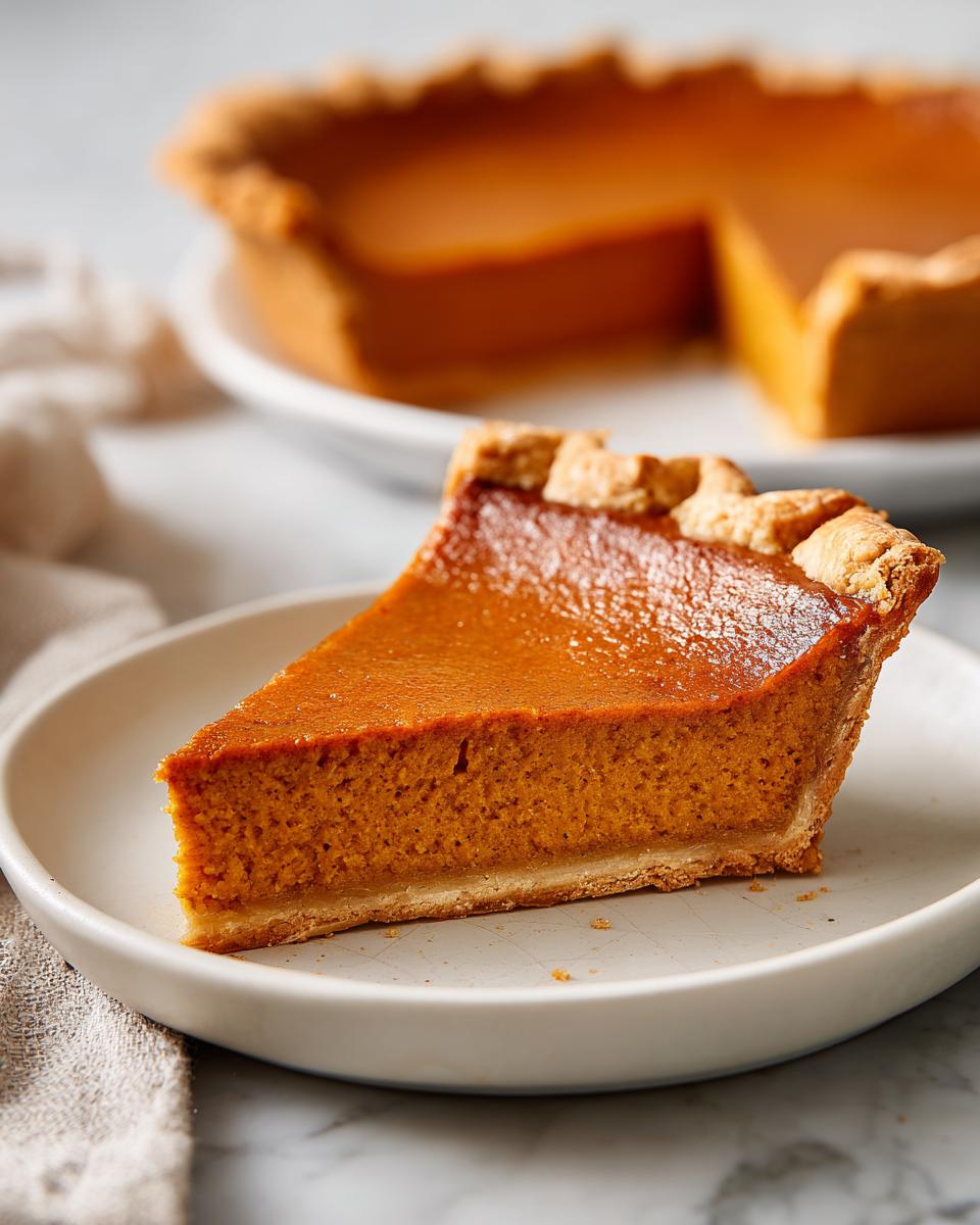 A perfect slice of vegan pumpkin pie sits on a white plate, with the rest of the pie visible in the background.