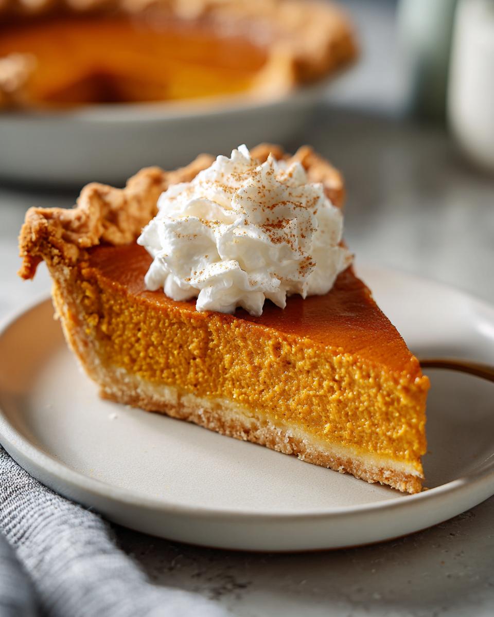 A slice of delicious vegan pumpkin pie topped with whipped cream and a sprinkle of cinnamon.