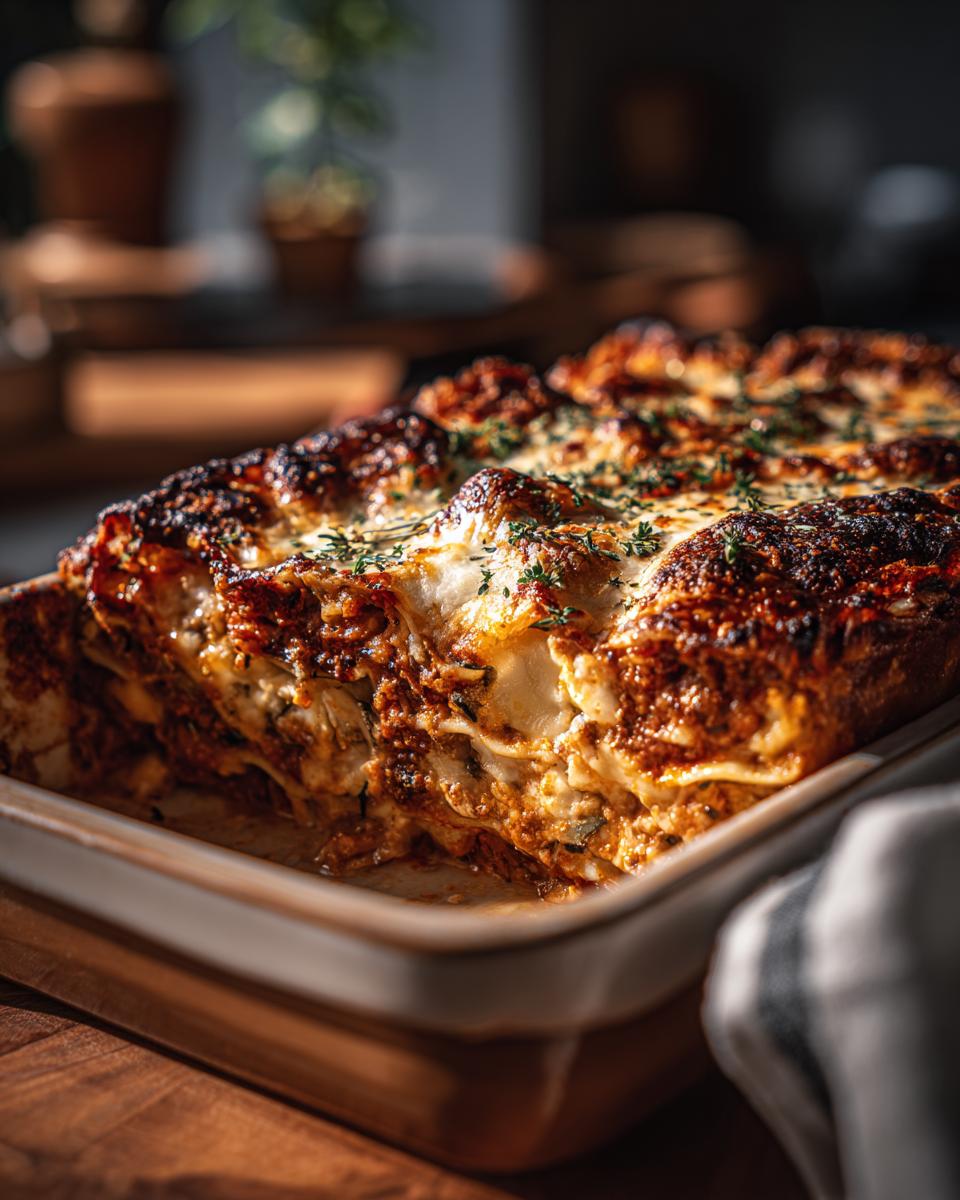 A close-up of a freshly baked vegetable lasagna in a white baking dish, with golden-brown cheesy topping and herbs.
