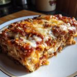 A close-up, mouth-watering slice of vegetable lasagna on a white plate, showing layers of pasta, cheese, and sauce.
